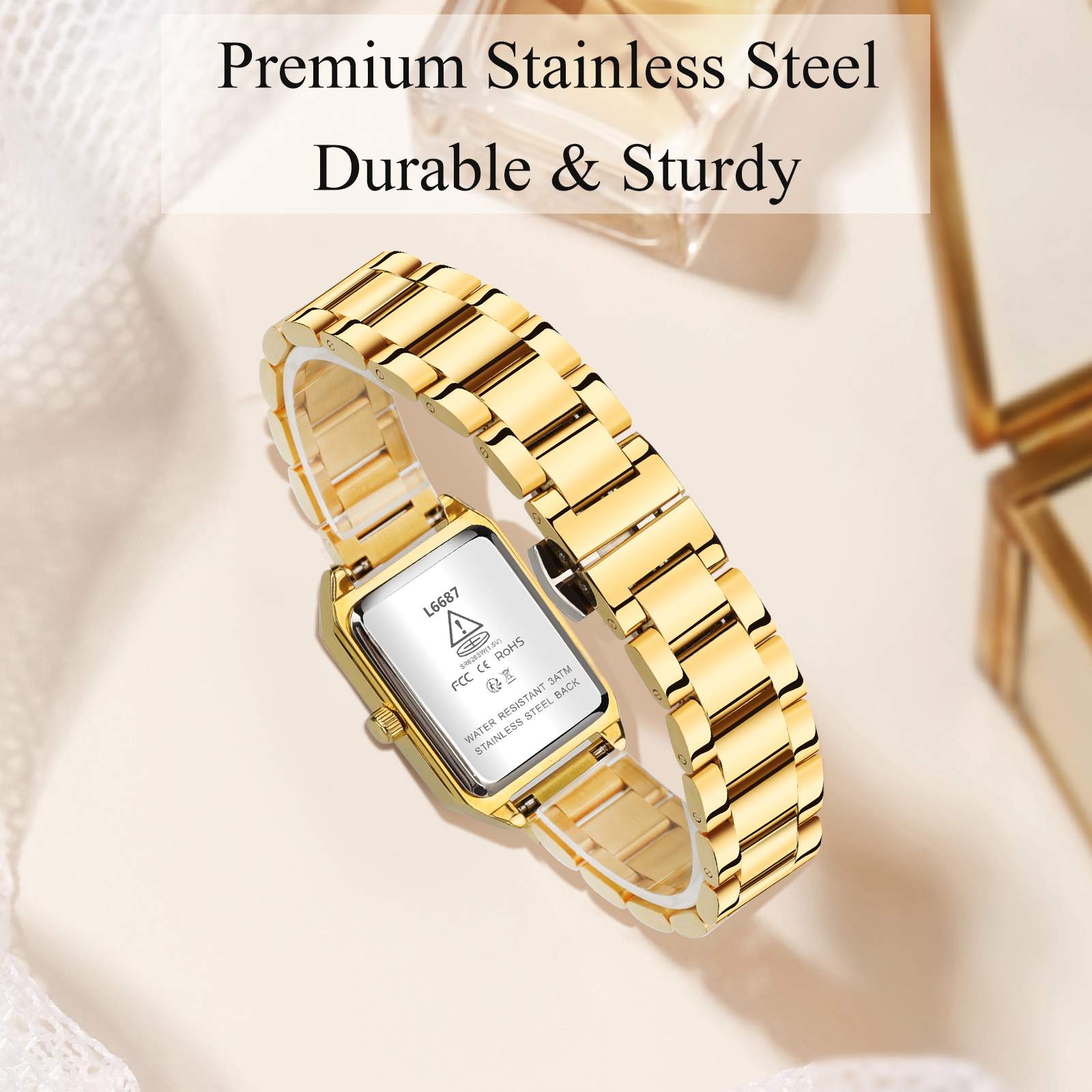 Watch Bracelet Set for Women, 18K Gold Plated Bracelet Bangle, Luxury Ladies Quartz Wrist Watches Set - 3PCS, Gift for Her (Gift Box Included)