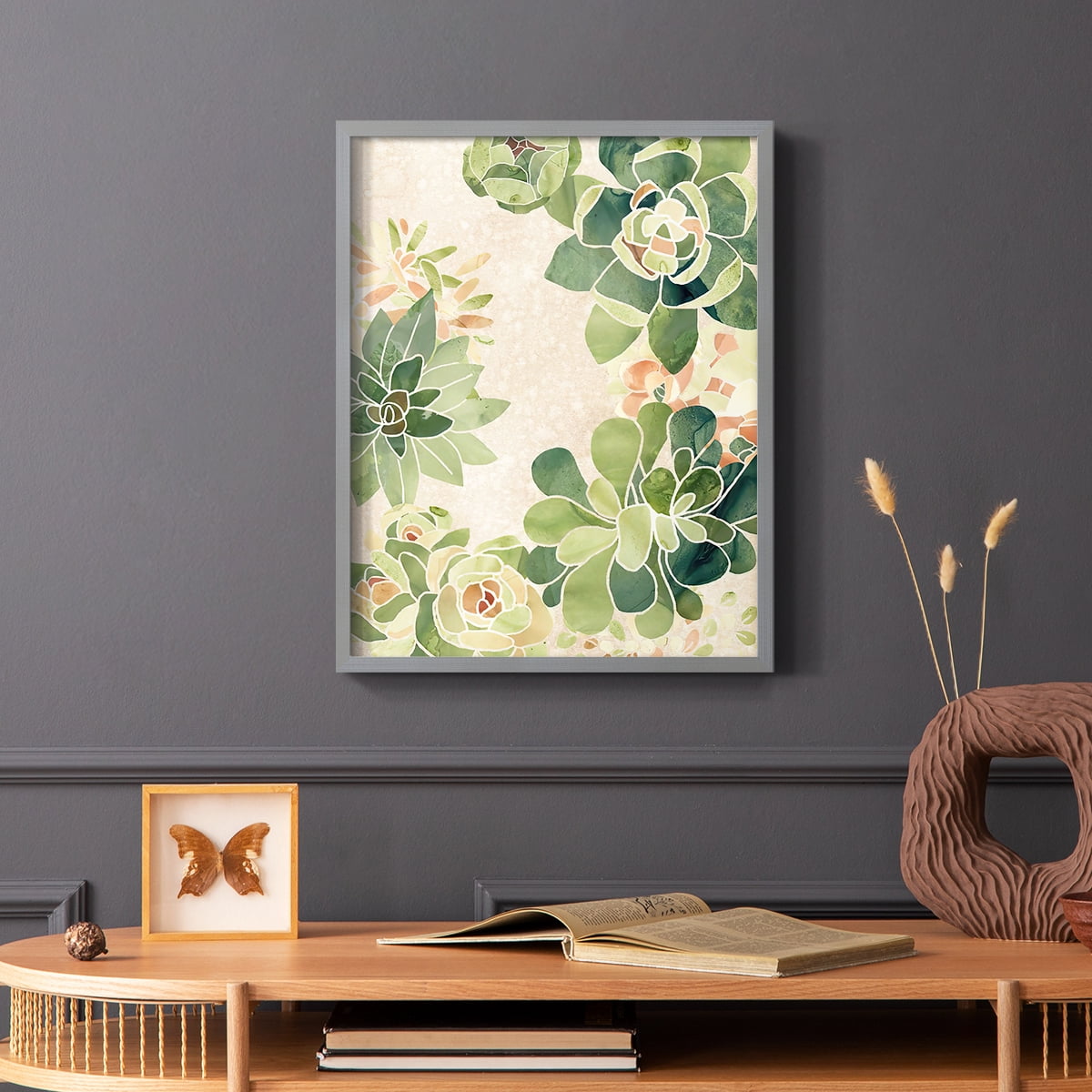 Stained Glass Succulents II Framed Print in Gray Solid Wood Framed Print No Nail Hanging