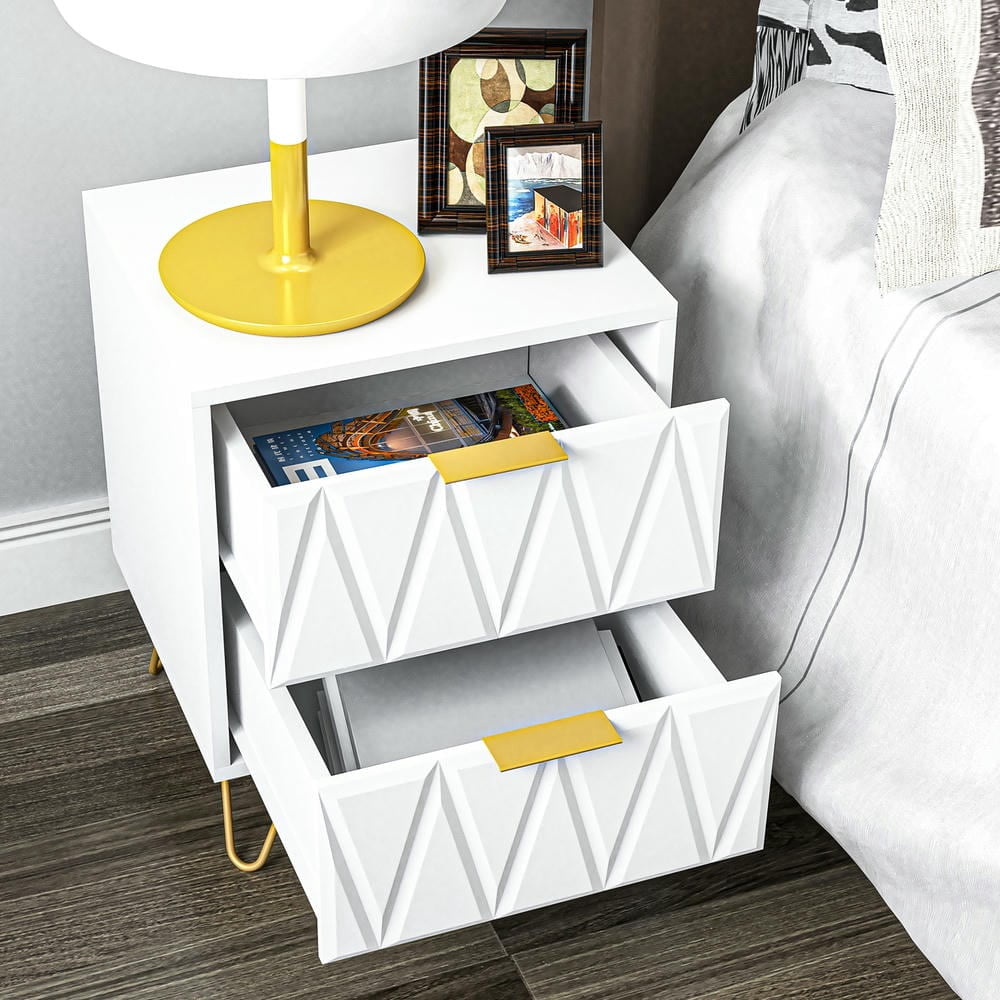 GVN Nightstand, Bedside Table,White Nightstand Set of 2 with Gold Handle, Bedside Table with 2 Drawers & Gold Legs for Bedroom Living Room
