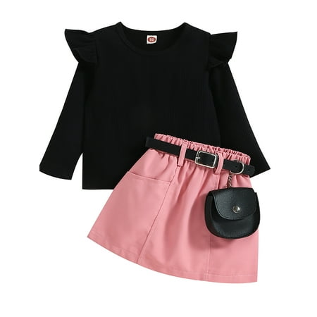 

LAPAKIDS Toddler Girl Clothes Ruffled Long Sleeve Tops Short Skirts with Belt Bag Outfits Set 9-12 Months