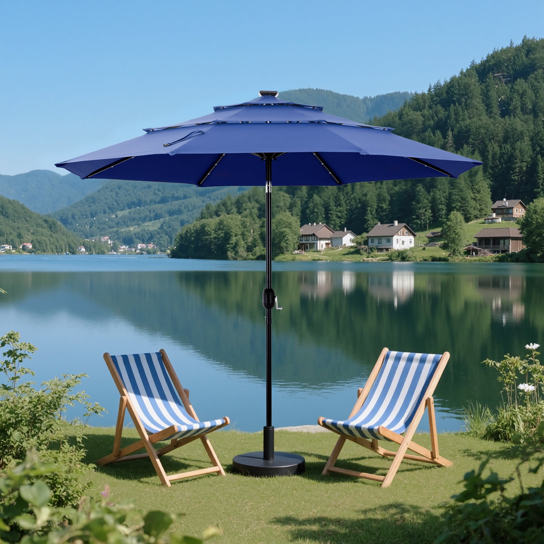 edx 10ft 3-Tier Solar LED Patio Umbrella with Tilt Adjustment and UV-Resistant Polyester Fabric, Outdoor Market Umbrella, Navy Blue