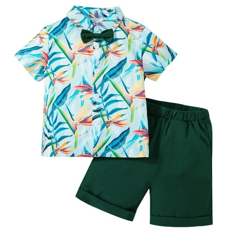 

Toddler Baby Boy Suit Summer Beach Print Short Sleeve Bow Tie Shirt Shorts Gentleman S Set Two Piece Kids Clothes