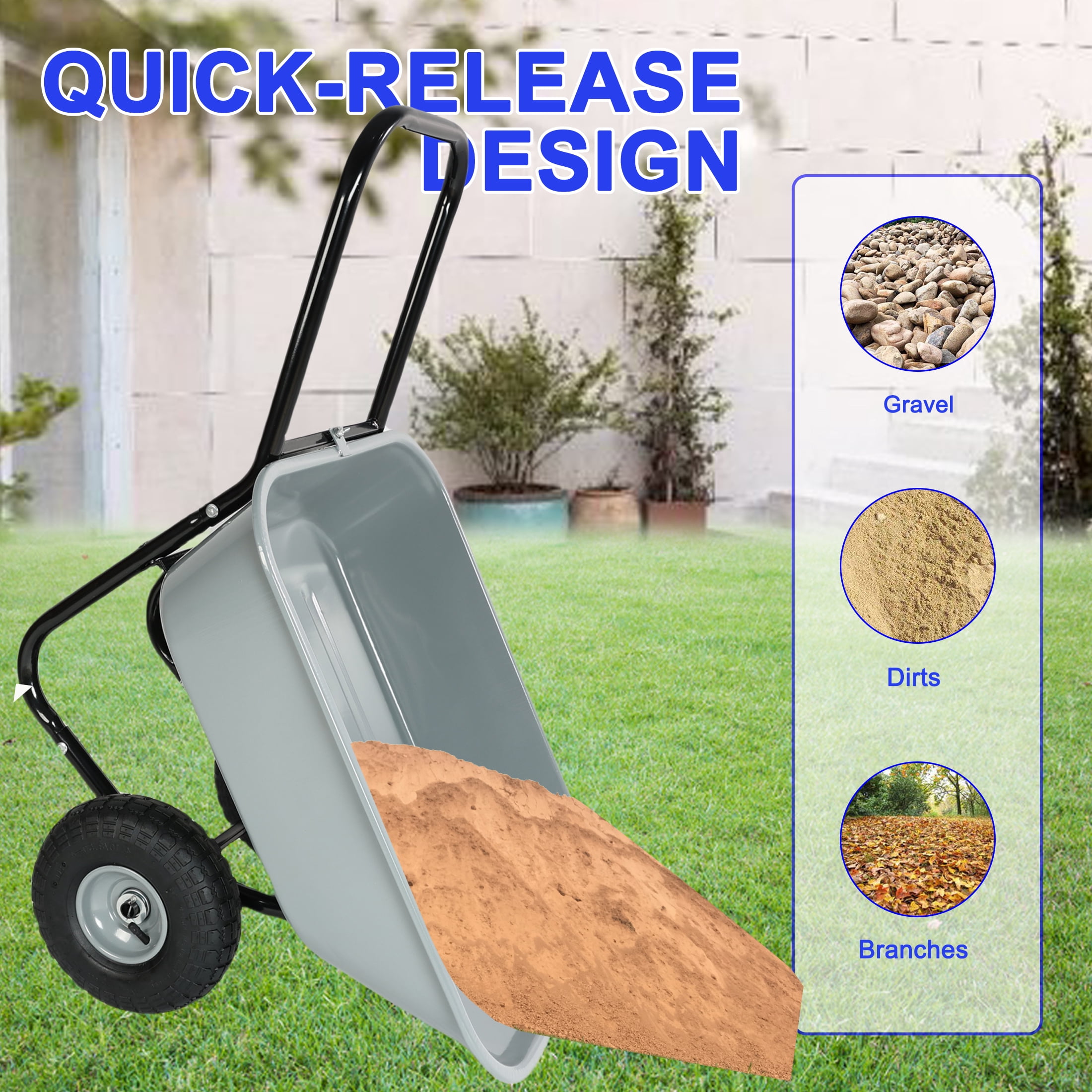 Two-Wheeled Garden Cart with 10-Inch Pneumatic Wheels, Gray Non-Porous Utility Cart 35L Large Capacity Leak-Proof Wagon for Soil Leaves Water Mud Outdoor Warehouse Handling