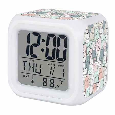 Cartoon Cat Digital Alarm Clock for Bedrooms, Smart LED Alarm Clock with 7 Color Changing Night Light, Funny Cute Colorful Animal Pet Silent Wake Up Clocks for Sleep Study Cooking 3.2x3.2