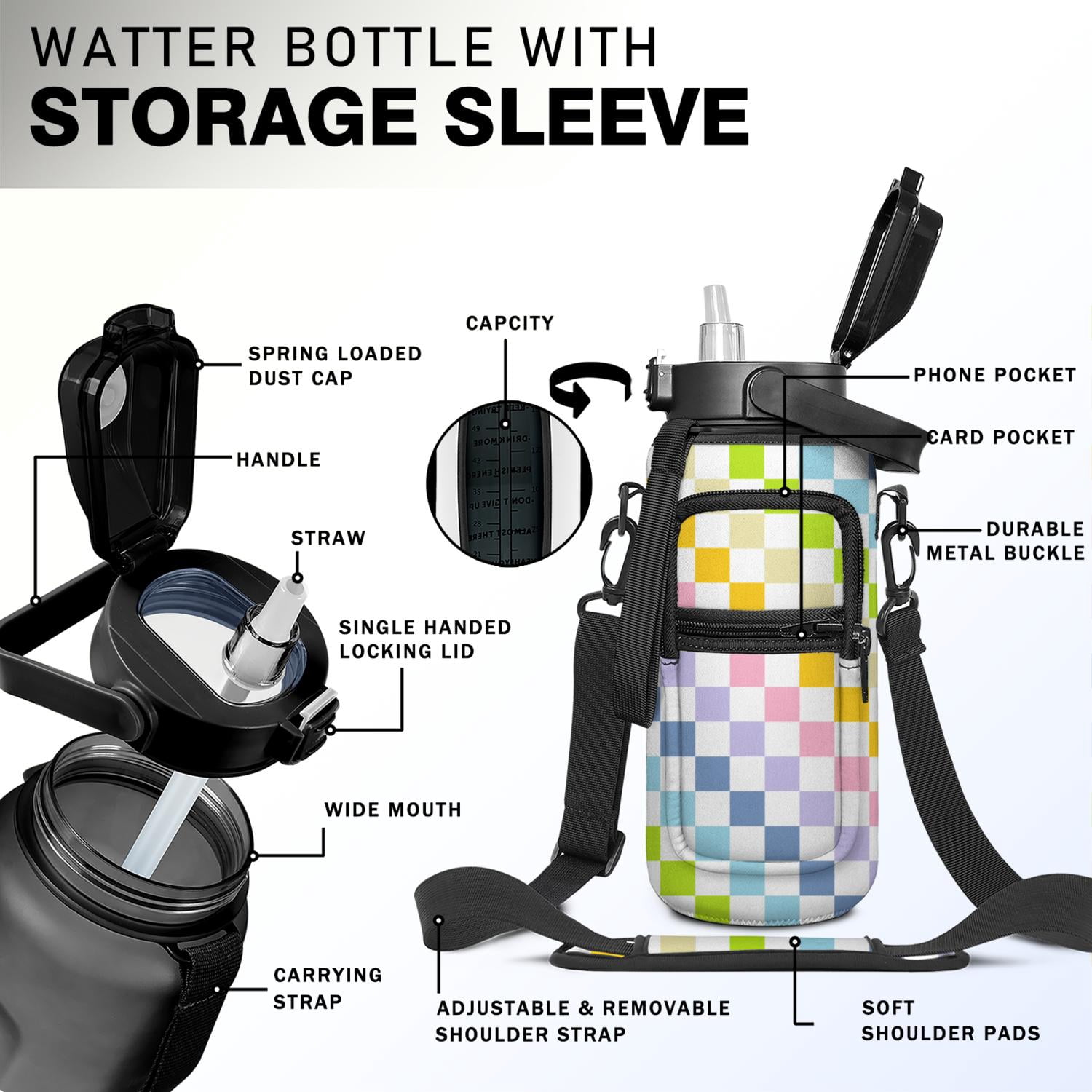 Rainbow Checkerboard 64 Oz Water Bottle with Measurements - BPA Free Leakproof Sport Large Plastic Water Bottle with Straw Strap & Insulated Neoprene Holder Carrier Bag Great Gift for Women Men