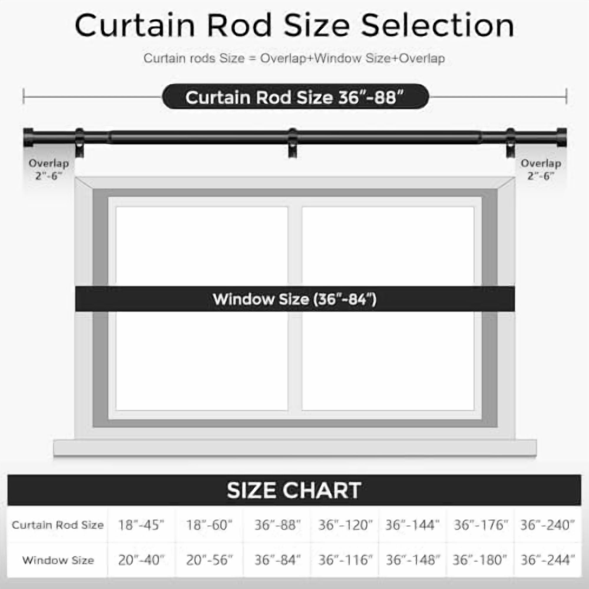 2 Pack Curtain Rods for Windows 48 to 84 Inch(4-7 Feet),Black 1'' Diameter Drapery Rods with End Cap Style Design,Modern Adjustable Heavy Duty Curtain Rod,Size:36''-88''