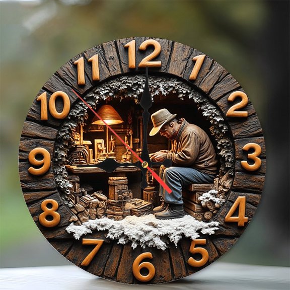 Wood Carving Craftsman Wall Clock Rustic Style Home Decor 10-Inch Silent Wooden Wall Clock, Battery Operated (AA Batteries Not Included), Artistic Home Decor