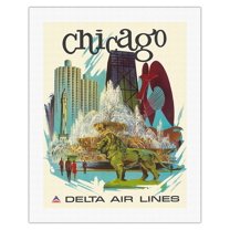 Chicago Illinois - Buckingham Fountain Marina City - Delta Air Lines - Vintage Airline Travel Poster by Fred Sweney c.1970s - Fine Art Rolled Canvas Print 20in x 26in