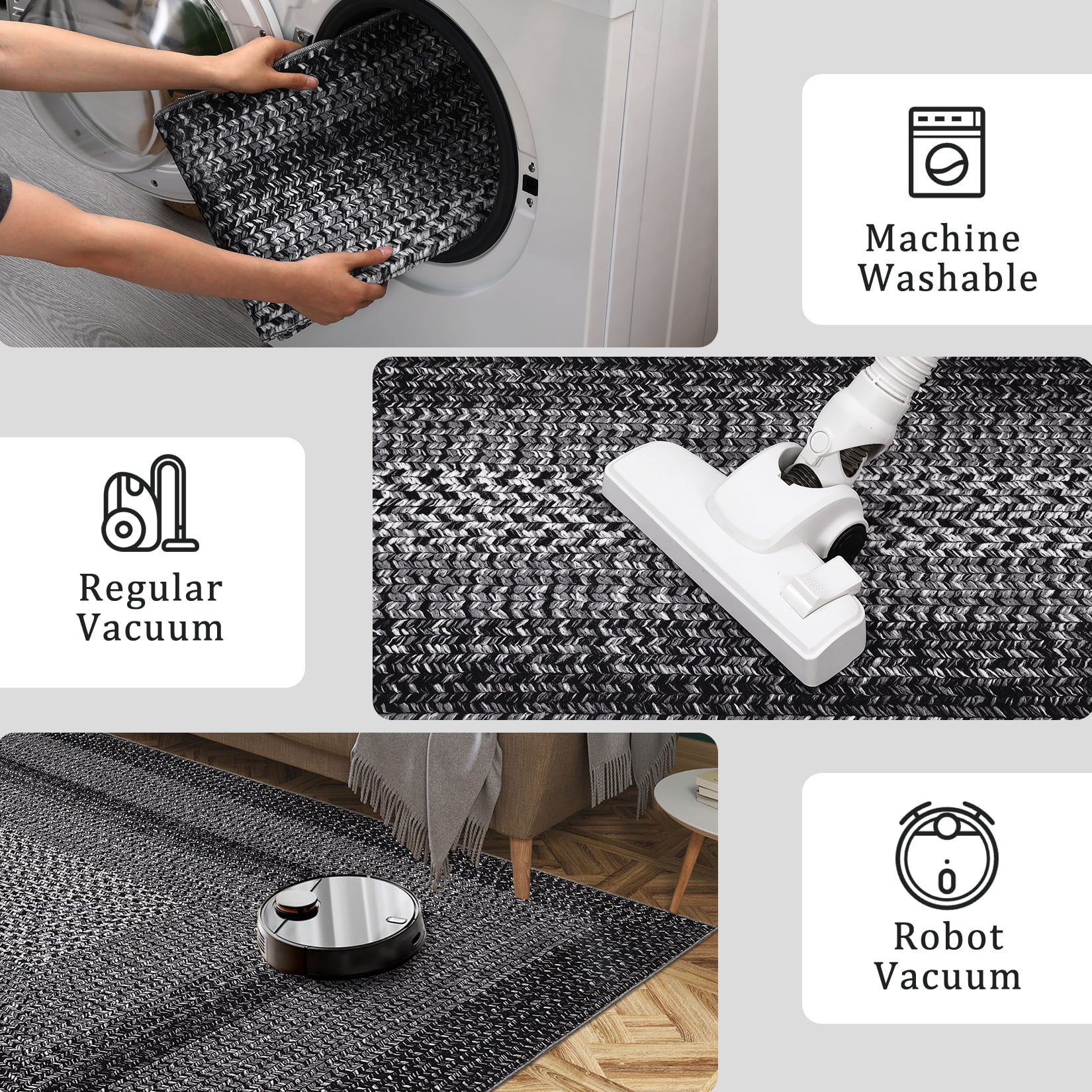 Garvee 5'x7' Printed Braided Rugs Farmhouse Bordered Carpet, Machine Washable Indoor Area Rug Non-Slip Low Pile Rugs for Living Room Bedroom Home Decor, Black