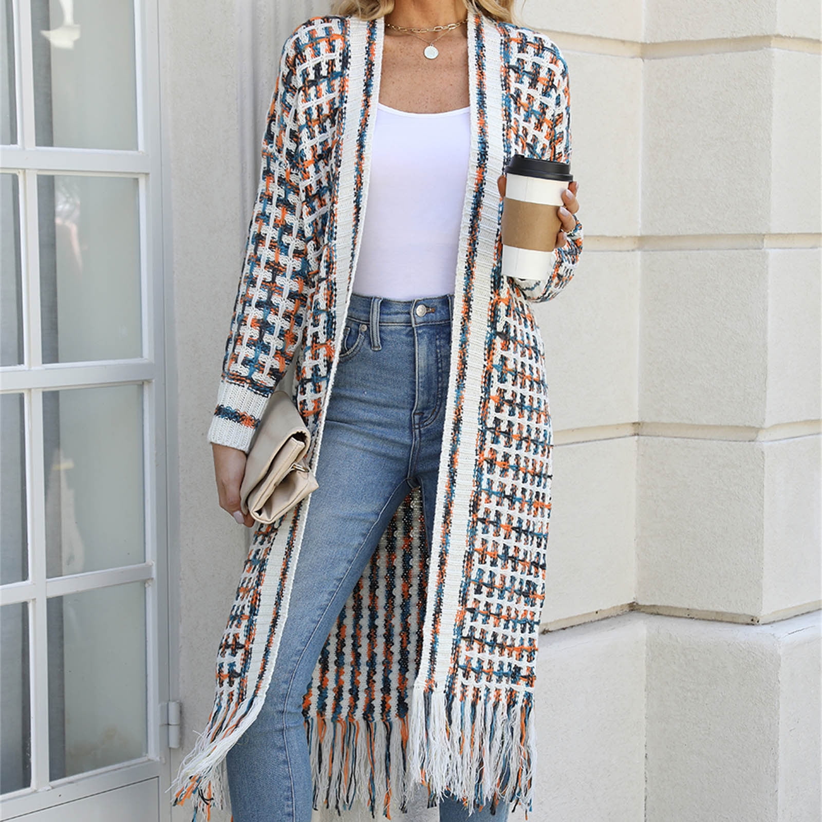 Cardigans Sweaters for Women Long Sleeve Open Front Tassels Oversized Knitted Coats Knee Length Checkered Color Block Soft Outerwear Sweater