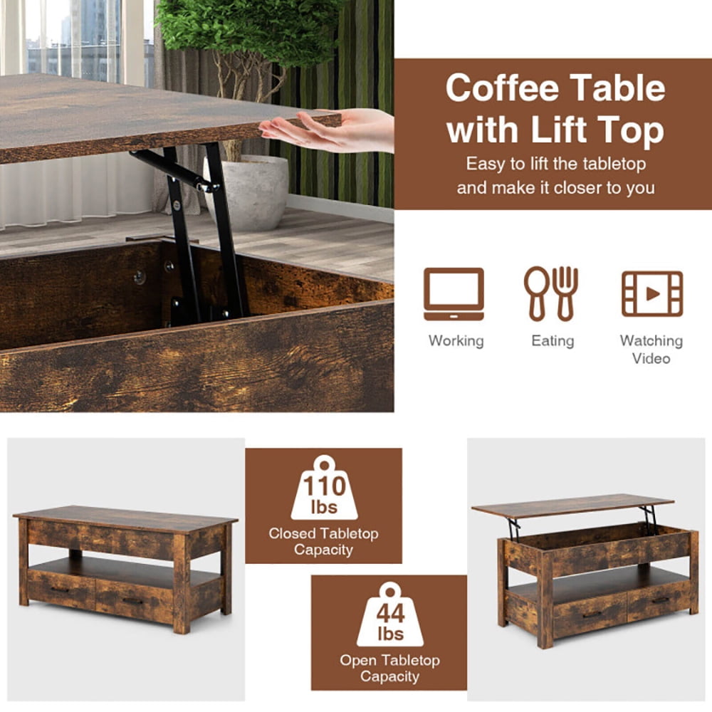 Finihen Industrial Coffee Table, Lift Top Coffee Table with 2 Storage Drawers and Hidden Compartment, for Living Room, Reception Room, Office, Rustic Brown Finihen Industrial Coffee Table, Lift Top Coffee Table with 2 Storage Drawers and Hidden Compartment, for Living Room, Reception Room, Office, Rustic Brown