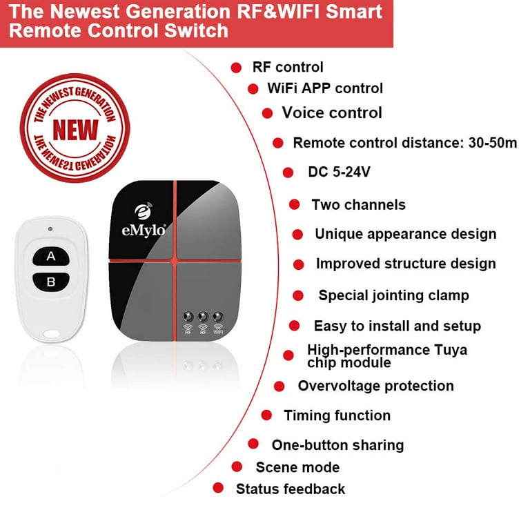 WiFi Switch, eMylo Smart WiFi Relay Switch Wireless Light Remote Control  Module for Smart Home Automation Compatible with Alexa Google Assistant