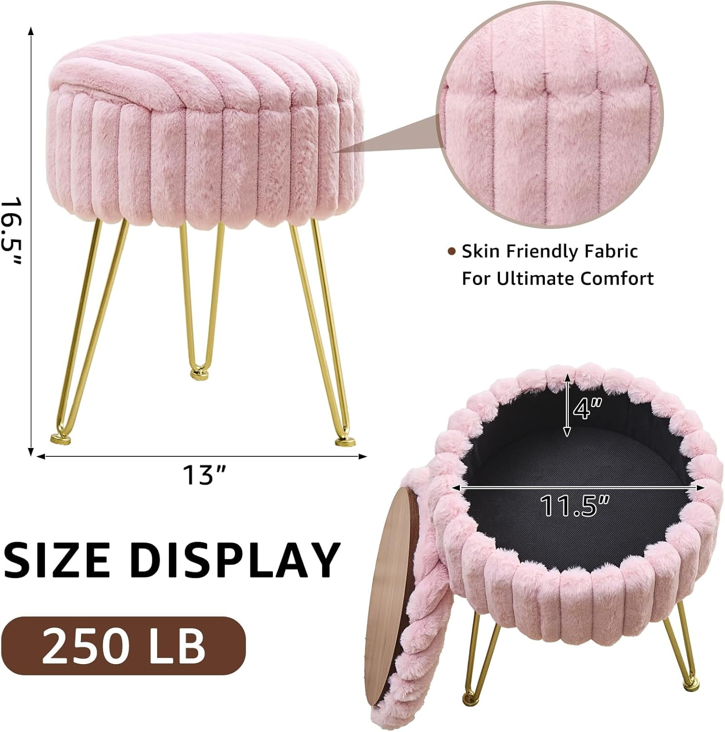 Casa Pura Furniture Faux Fur Vanity Stool with Storage Round Ottoman Footstool with Gold Metal Legs, Makeup Vanity Chair for Bedroom, Pink