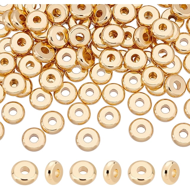 Aproximadamente 100 cuentas redondas planas de 6 mm, espaciadoras de acero inoxidable 202 con agujero de 2 mm, chapadas en oro de 18 quilates.
