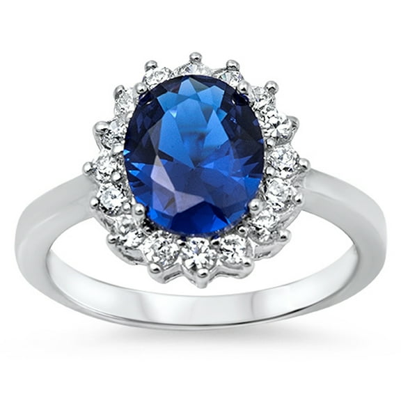 CHOOSE YOUR COLOR Blue Simulated Sapphire Flower Solitaire Elegant Ring Sterling Silver Band CZ Female Size 7