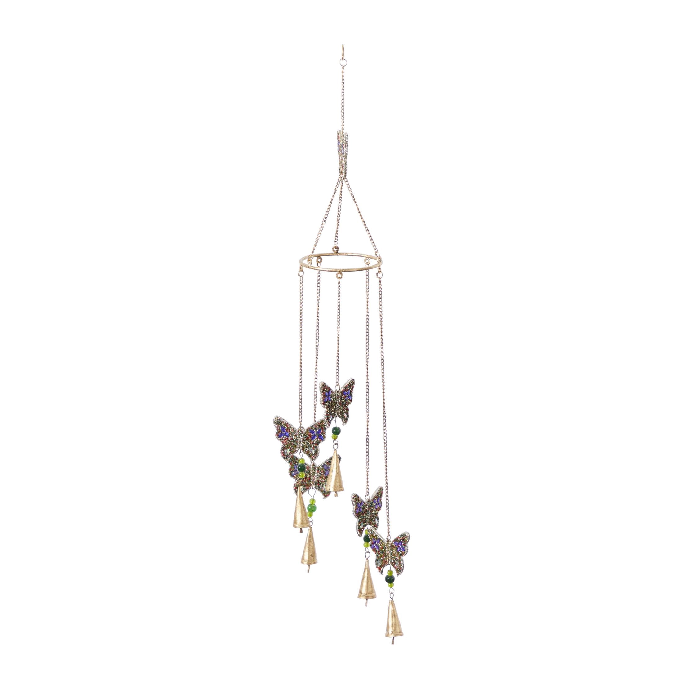 DecMode 39" Gold Metal Handmade Embellished Butterfly Windchime with Glass Beads and Cone Bells