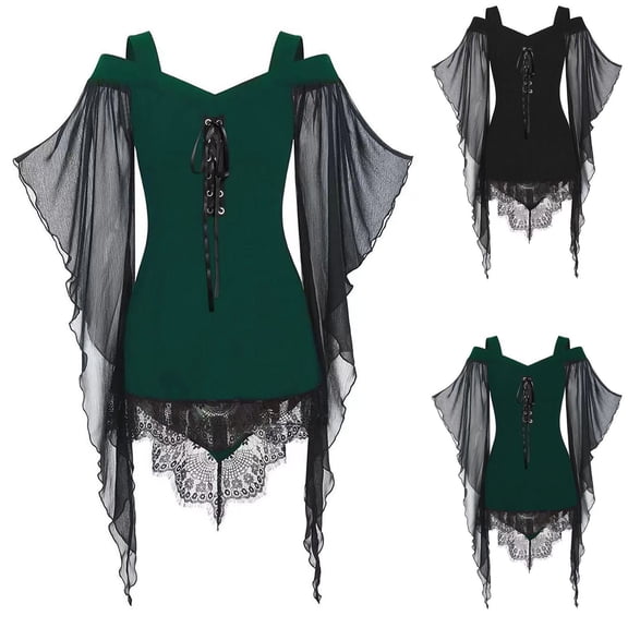 FNFYFH Gothic Lace Dress for Women Off-Shoulder Vintage Dresses Bell Sleeve Steampunk Medieval Costume Cosplay Halloween Dresses