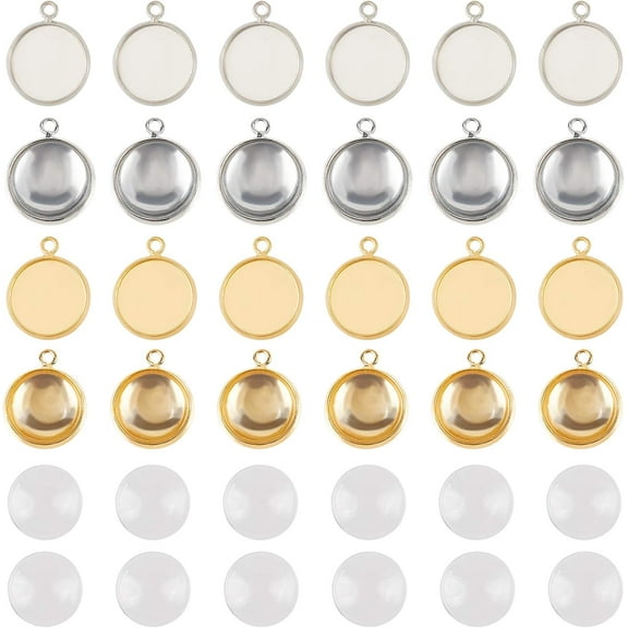1box 40Sets 12mm Round Cabochon Tray Kit 40pcs Bezel Pendant TraysSetting and 40pcs Glass Cabochon for DIY Pendant Jewelry Making (Platinum & Golden)