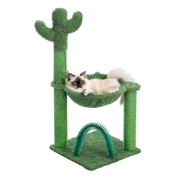 PAWZ Road 35" Cactus Cat Scratching Post with Pet Self Groomer and Hammock for All Indoor Cats Green