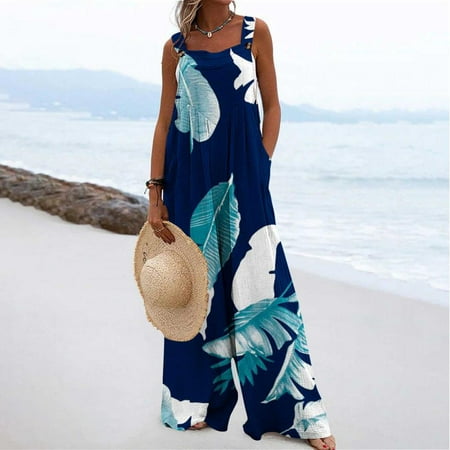 

Homadles Jumpsuits for Women Casual- Printed Jumpsuit Pajamas Casual Buttons Pocket Sleeveless Wide Leg Long Pants Navy S