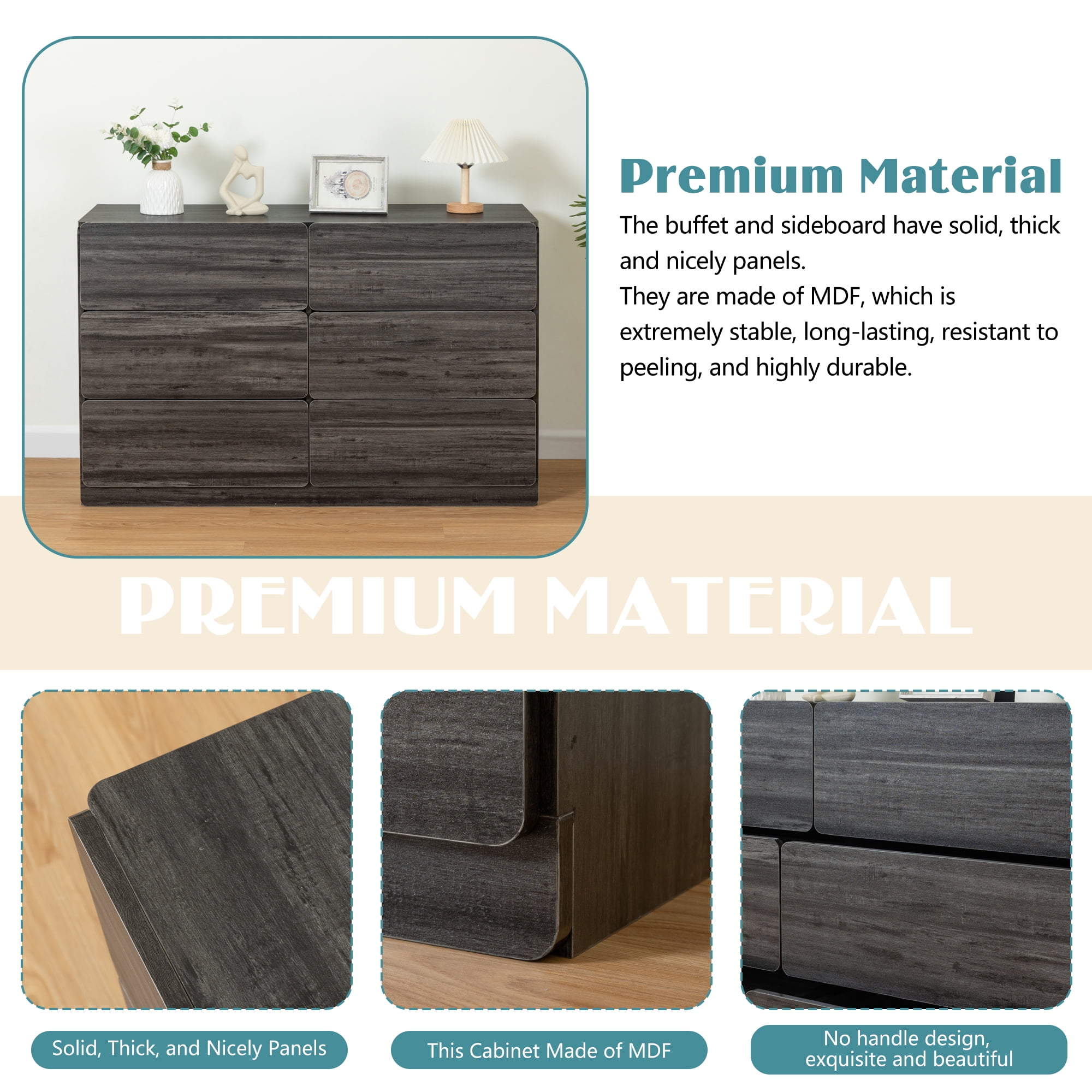 Demi Bonn 6 Drawer Double Dresser, Modern 6 Chest of Drawers with Deep Drawers, Wide Storage Organizer Cabinet for Living Room, Dark Gray