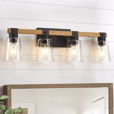 

Farmhouse Bathroom Light Fixtures4-Light Bathroom Lights Over MirrorRustic Wood Vanity Light for Bathroom with Seeded Glass ShadeVintage Wall Sconce for BathroomLiving RoomHallwayBedroom