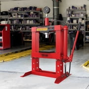 TUFFIOM 10-Ton Hydraulic Shop Press with Pressure Gauge & Press Plates, H-Frame Adjustable Working Table Height Garage Benchtop Press, Red, 23.5”L x 19.5”W x 40”H