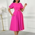 thumbnail image 2 of AURA Womens High Waist A Line Midi Dress Puff Sleeve Round Neck Solid Color Belted Elegant Summer Dress with Zipper, 2 of 10