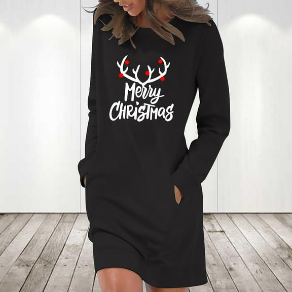 BLTIBY Christmas Sweatshirt Dress for Women Xmas Print Winter Fall Casual Soft Long Sleeve Pullover Dresses Outfits with Pockets 2024 Trendy Black L