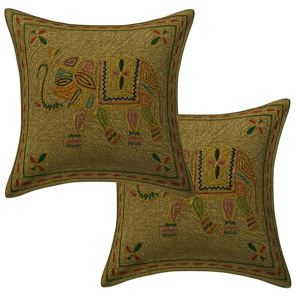 Stylo Culture Indian Decorative Throw Pillow Covers 16 x 16 Elephant Gold Thread Embroidered Olive Green Ethnic 40 x 40 cm Home Decor Cotton Square Cushion Covers | Set Of 2