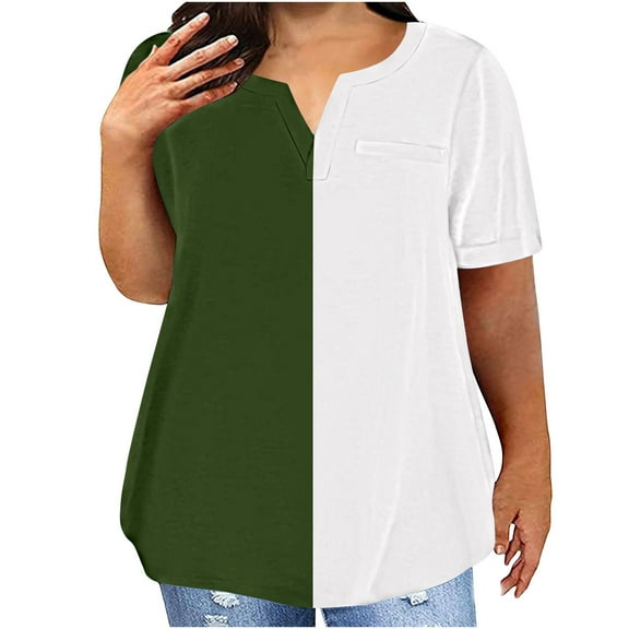 Shirts for Women Short Sleeve Solid Color Patchwork V-Neck Casual Loose Blouse Army Green M