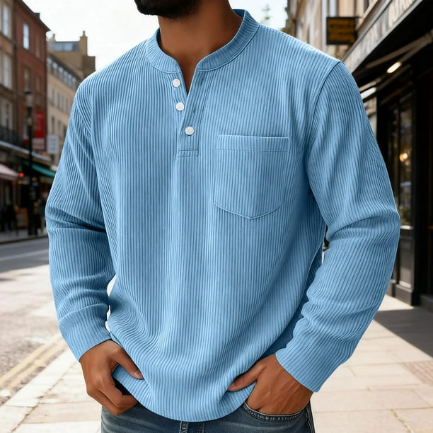 pstuiky Camisas casuales de manga larga para hombre, Camiseta informal de manga larga con botones y cuello alto de color liso para hombre salir tops s