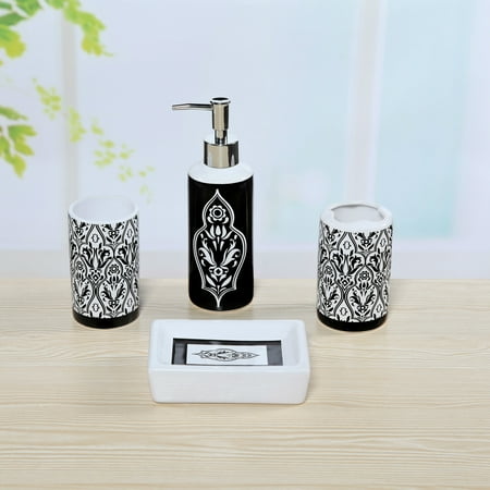 4 Piece Ceramic Black And White Damask Bath Set 4 Piece Ceramic Black And White Damask Bath Set