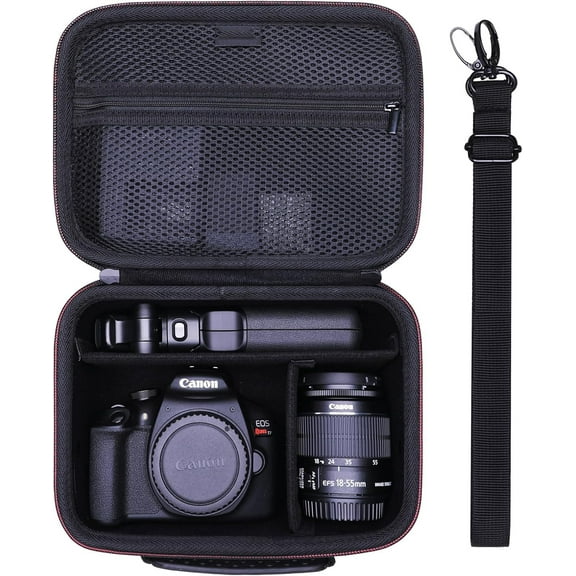 Camera Case Compatible with Canon EOS Rebel T7/R50/R6 Mark II/R100/R50 V/T6/R8/R10/R5 Mark II/RP/R7/5D Mark IV/SL3/R5/T100 DSLR SLR Camera, Len and Tripod with 4 Dividers and Shoulder Strap, Black
