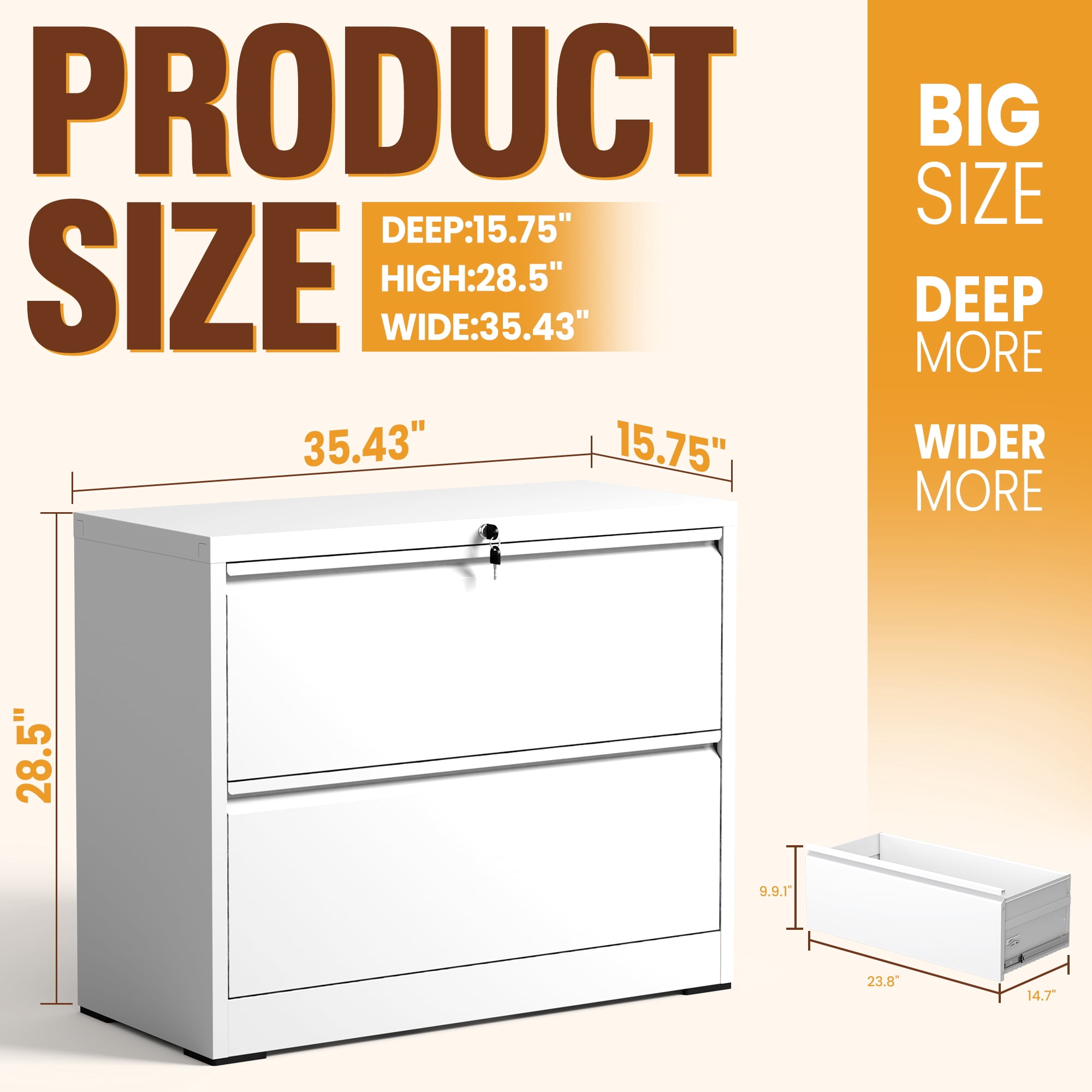 Lateral File Cabinet with Lock, 2 Drawer Metal Filing Cabinet, File Cabinet Organizer for Home Office, Easy Assembly, Lockingl File Cabinets for Legal/Letter/A4, 35.43"W x 15.75"D x 28.5"H,White