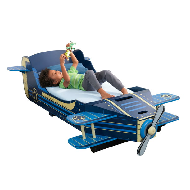 KidKraft KidKraft Wooden Airplane Toddler Bed with Storage and Spinning Propeller Blue