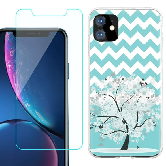 For Apple iPhone 11 Case , Slim-Fit TPU Protective Phone Case with Tempered Glass Screen Protector, by OneToughShield ® - Chevron/Teal/Tree