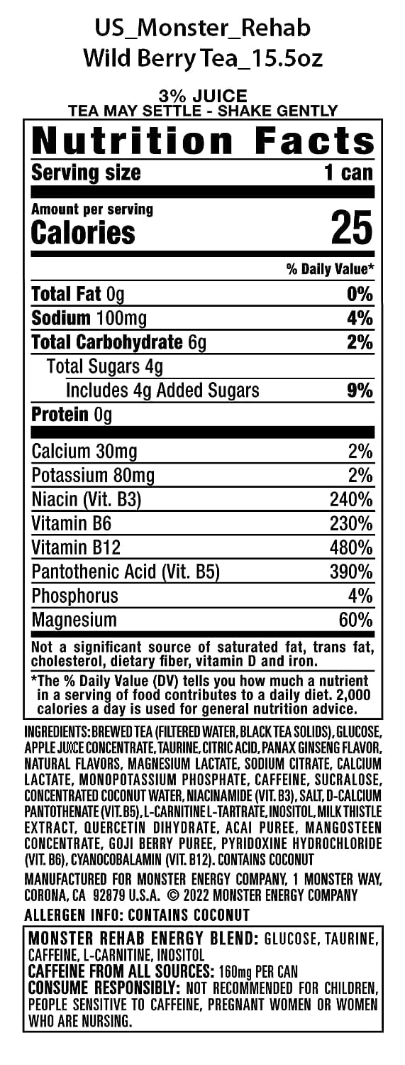 Monster Rehab Wild Berry Tea, 16 Oz Cans - Pack of 24