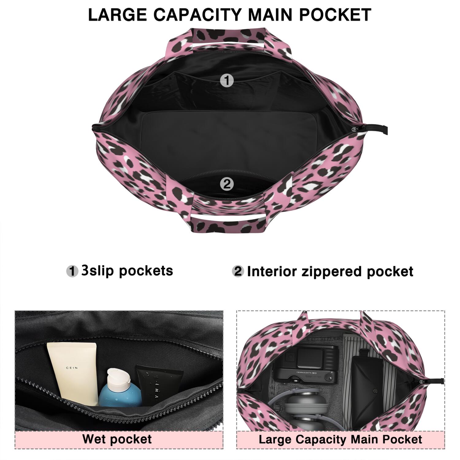 Pink and Black Of Leopard Print Travel Tote Bags for Women Carry On,Large Weekender Bags for Women Travel,Multi Functional Duffle Bag for Work,Shopping,Sports