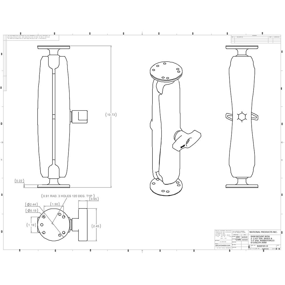 Ball Mount w/Long Double Socket Arm & 2-2.5" Round Bases w/AMPs Pattern