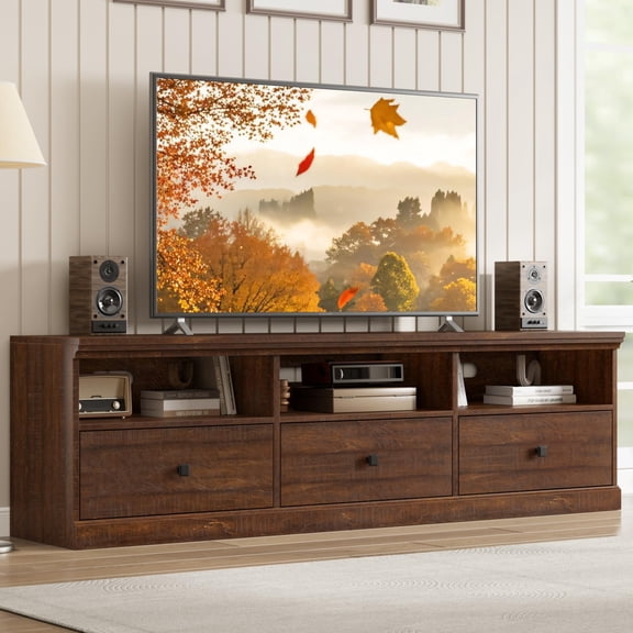TV Stand for 65/70/75 Inch TV, Entertainment Center with Storage Drawer, Mid-Century Modern TV Console with Open Shelves, 70in Media TV Cabinet for Living Room, Bedroom (Reddish Brown)