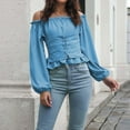 thumbnail image 2 of Yzengfg Women's Solid Color Front Tie Sleeve Off Shoulder Waist Short Chiffon Top Long Sleeve Blouse Blue, 2 of 4