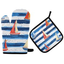 Yayeee Oven Mitts and Pot Holder Set of 2 Heat Resistant Kitchen Gloves Baking Hot Pad, Blue Sailboats