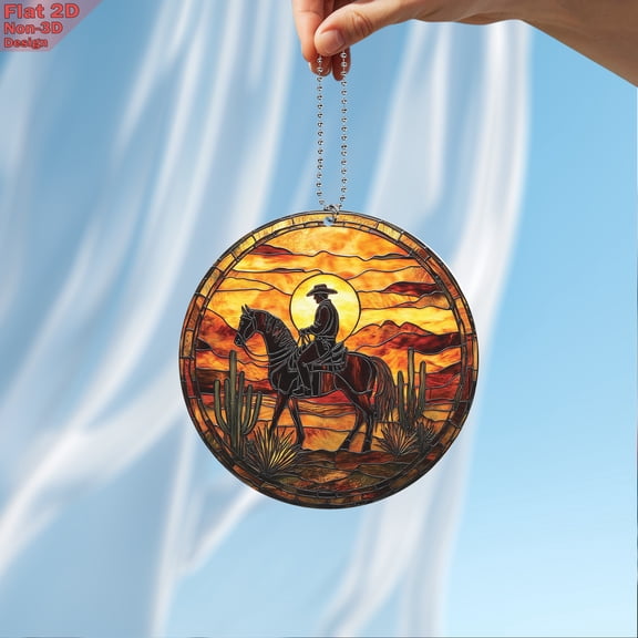 Cowboy Sunset Acrylic Hanging Ornament – Stained Glass Style 2D Western Decor – Lone Rider in Desert Scene – Home, Car Decoration, Unique Gift for Cowboy & Country Lovers