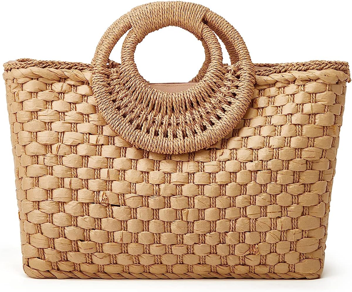 Kukuzhu Straw Hobo Bags for Women Retro Handbags Hand-woven Large Bag Round Handle Ring Totes Summer Beach Rattan Purses