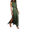 thumbnail image 3 of Faldas largas Vestido largo de satén con cuello simulado para mujer, vestido para ocasiones formales, abertura lateral, elegante Cgtredaw Verde oscuro T M para Mujer, 3 of 8