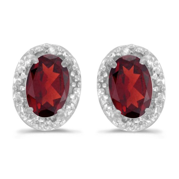 10k White Gold Oval Garnet And Diamond Earrings