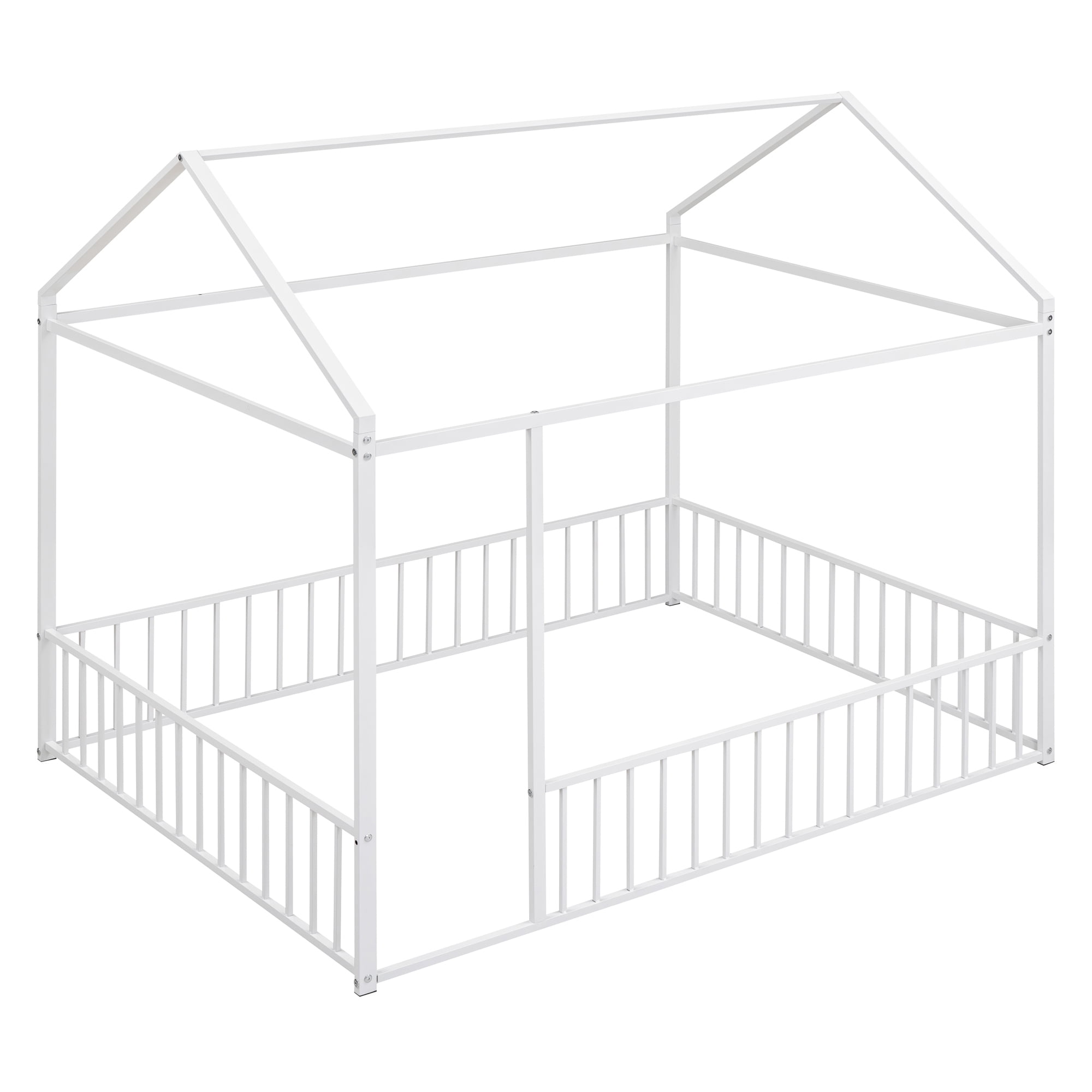 Full Size Montessori Floor Bed, Metal House Bed Frame for Kids, Kids Floor Beds with Fence Guardrails, Playhouse Bed for Kids Boys Girls