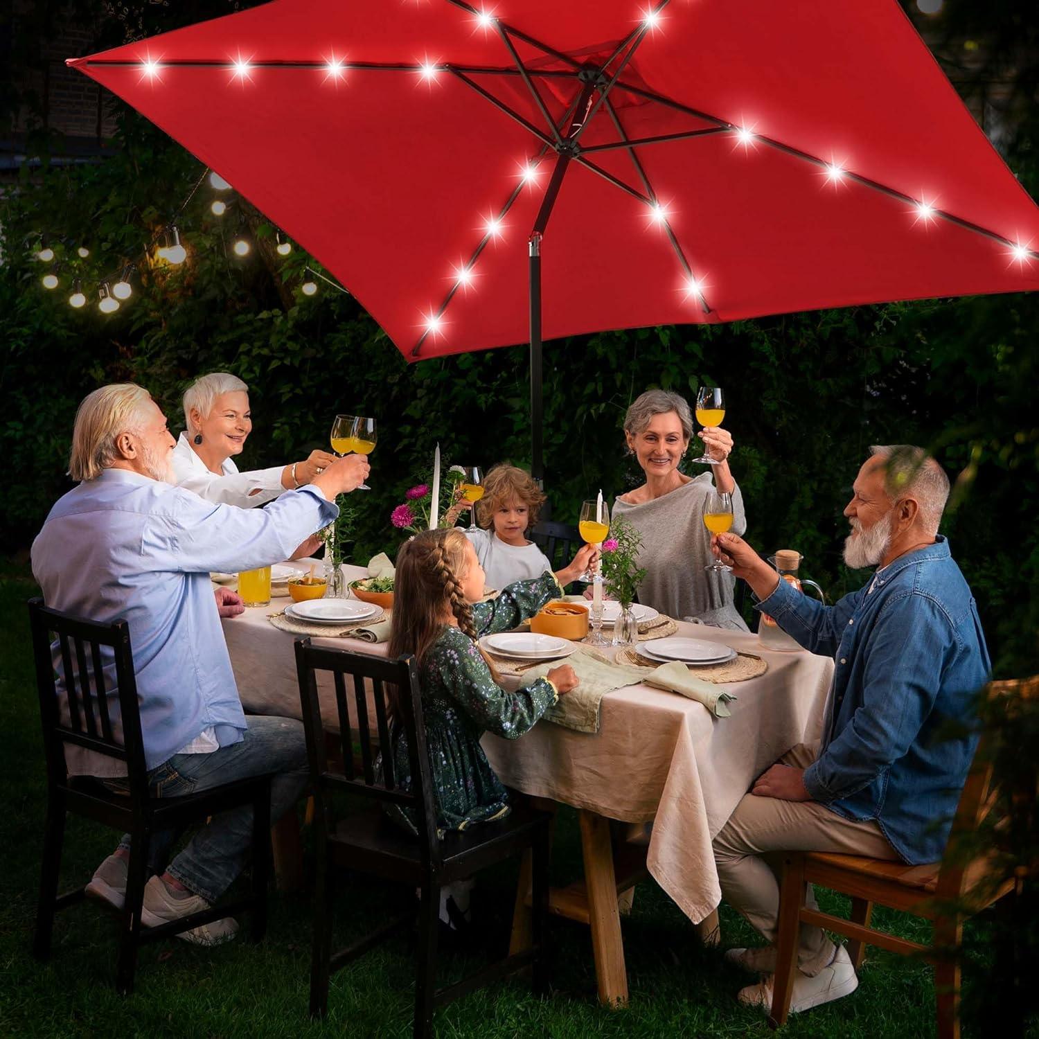 10x6.5 ft Outdoor Rectangle Solar Powered LED Patio Umbrella with Crank Tilt for Garden Backyard Table Market Pool, Red