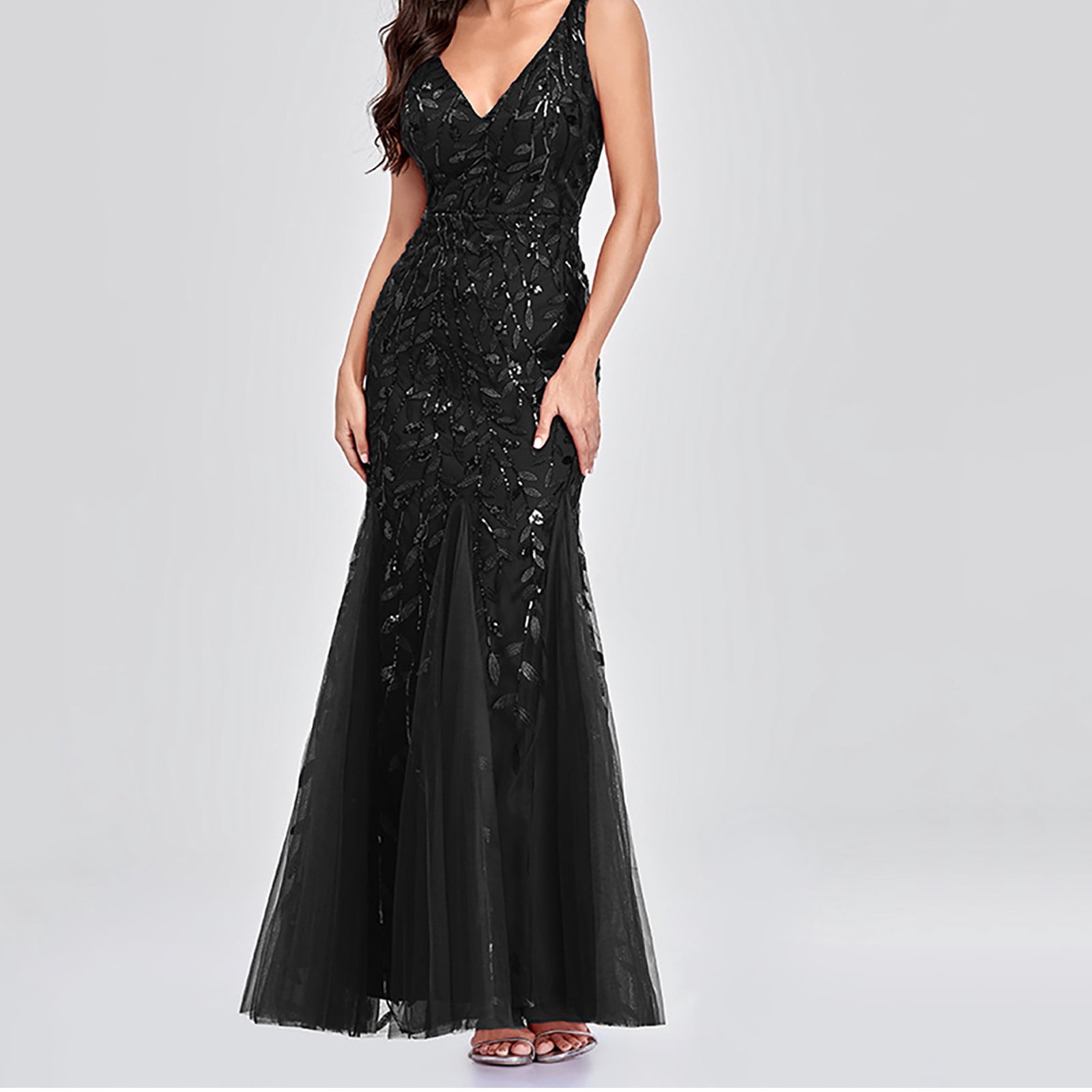 Womens Luxurious Sequins Formal Evening Dress Elegant Sleeveless Mermaid Tulle Floor Lenght Party Cocktail Dresses